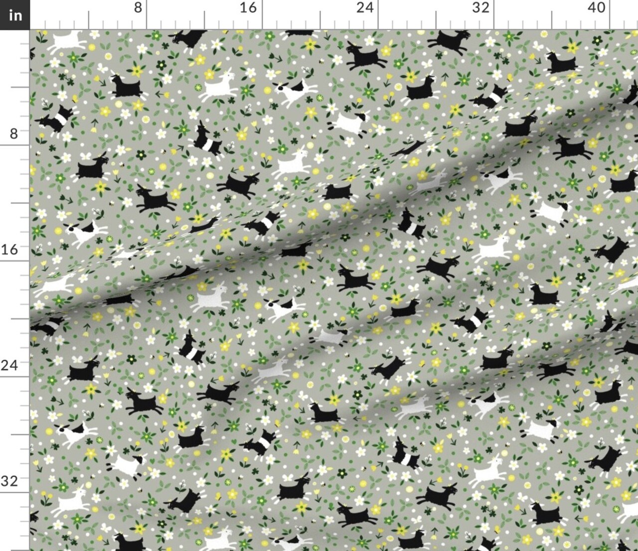 Goat, Frolic, Farm, Yellow, Green, Gray, Country, Animal, Nursery, Floral, Horns, Herd, Grazing, Chevre, Gender Neutral, Kids, Custom Printed Fabric by Spoonflower Various Fabrics by the Yard or Fat Quarter